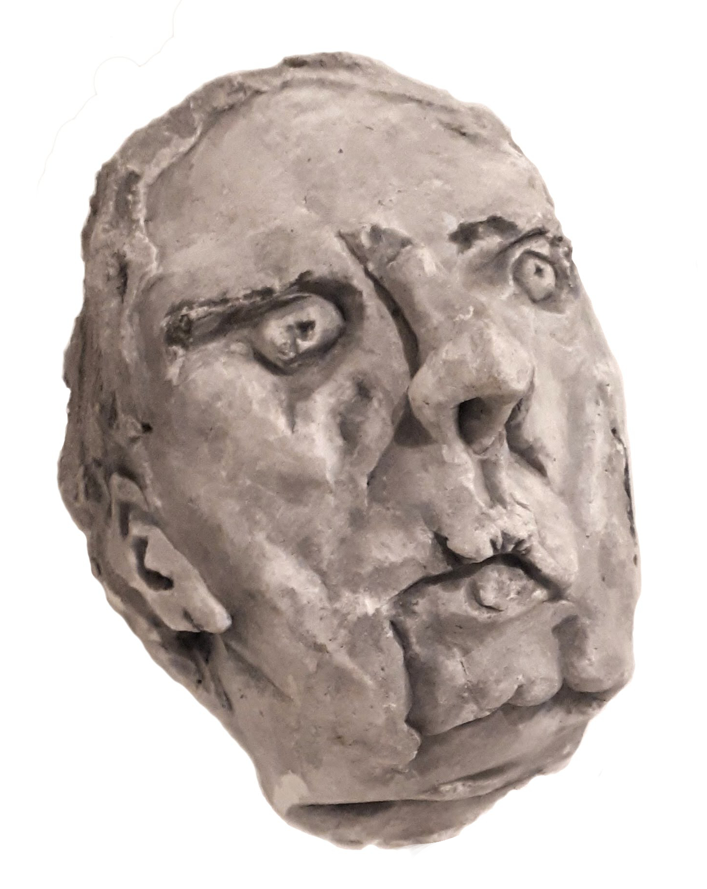 carved plaster sculpture male portrait grey beady eyes big nose