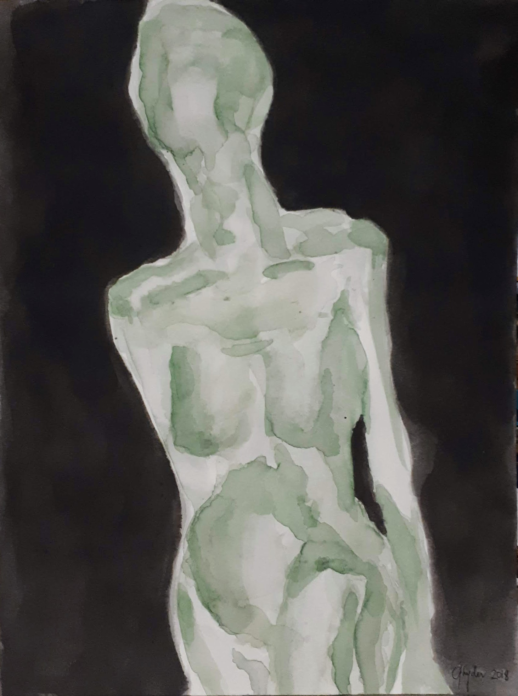 Ink Watercolour Green Patina Female Figurative Painting Abstracted Human gesture