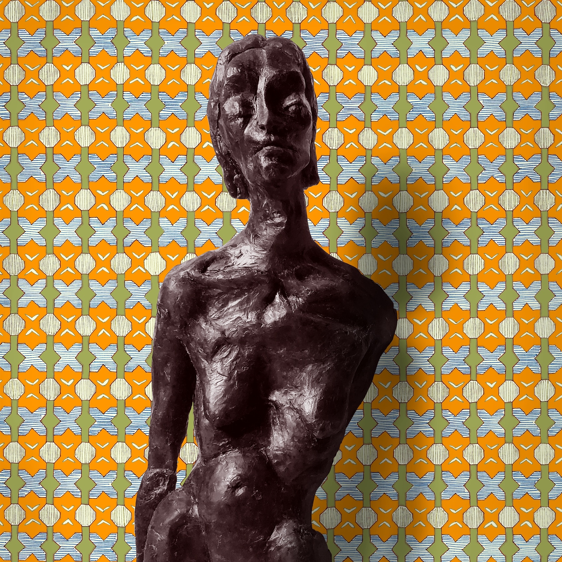 orange, green, blue tessellated background, geometric pattern for wax sculpture of stoic figure