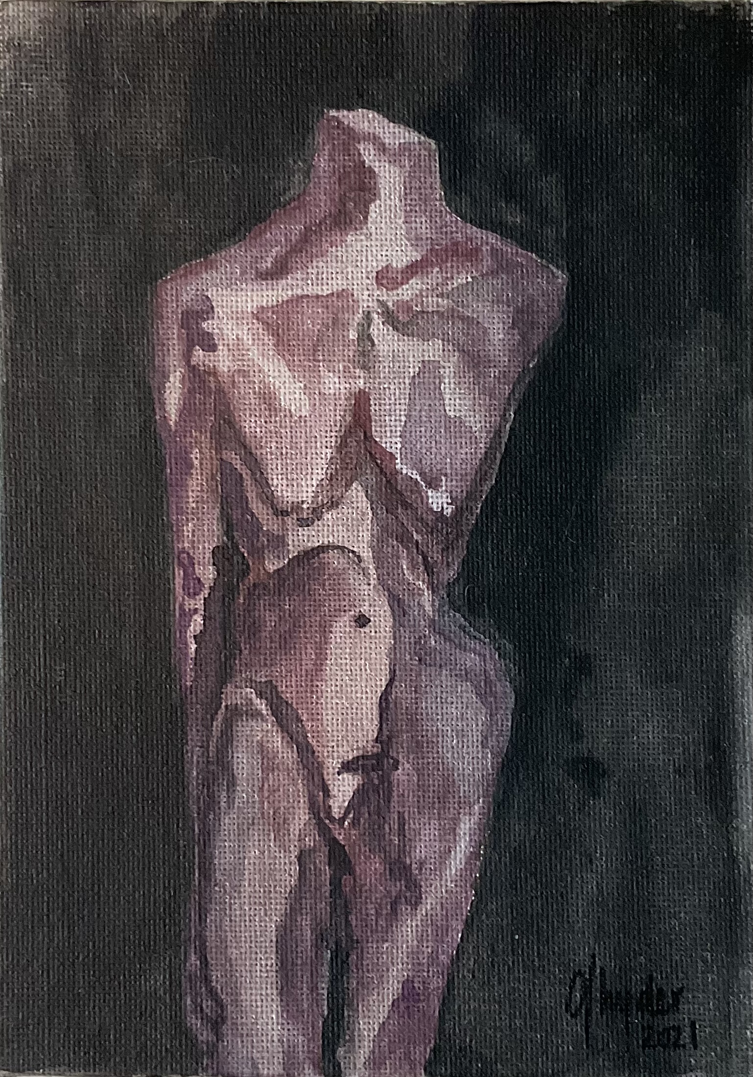 purple watercolour expressionist headless figure with black background