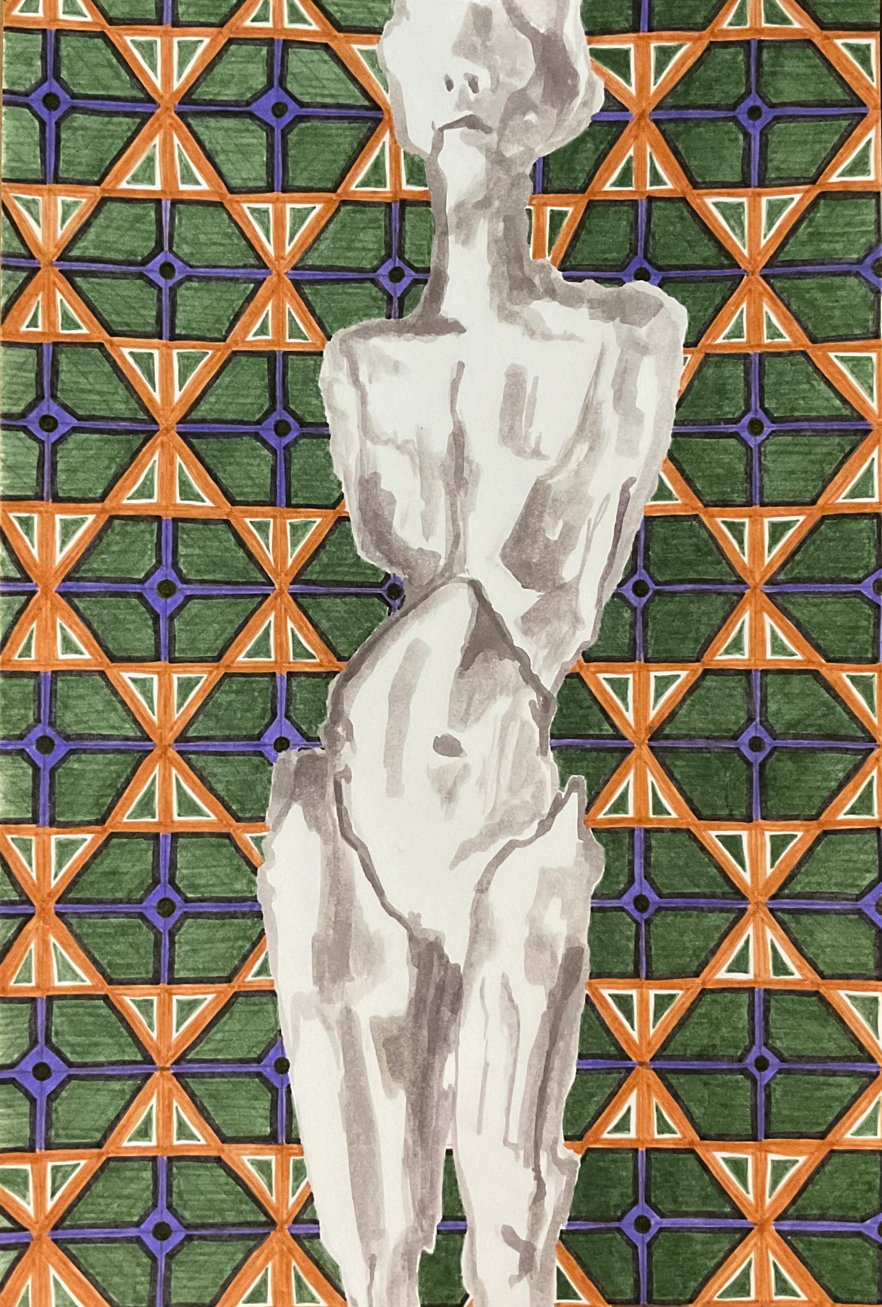 watercolour figure and tessellated background in marker, green, purple, orange geometric pattern